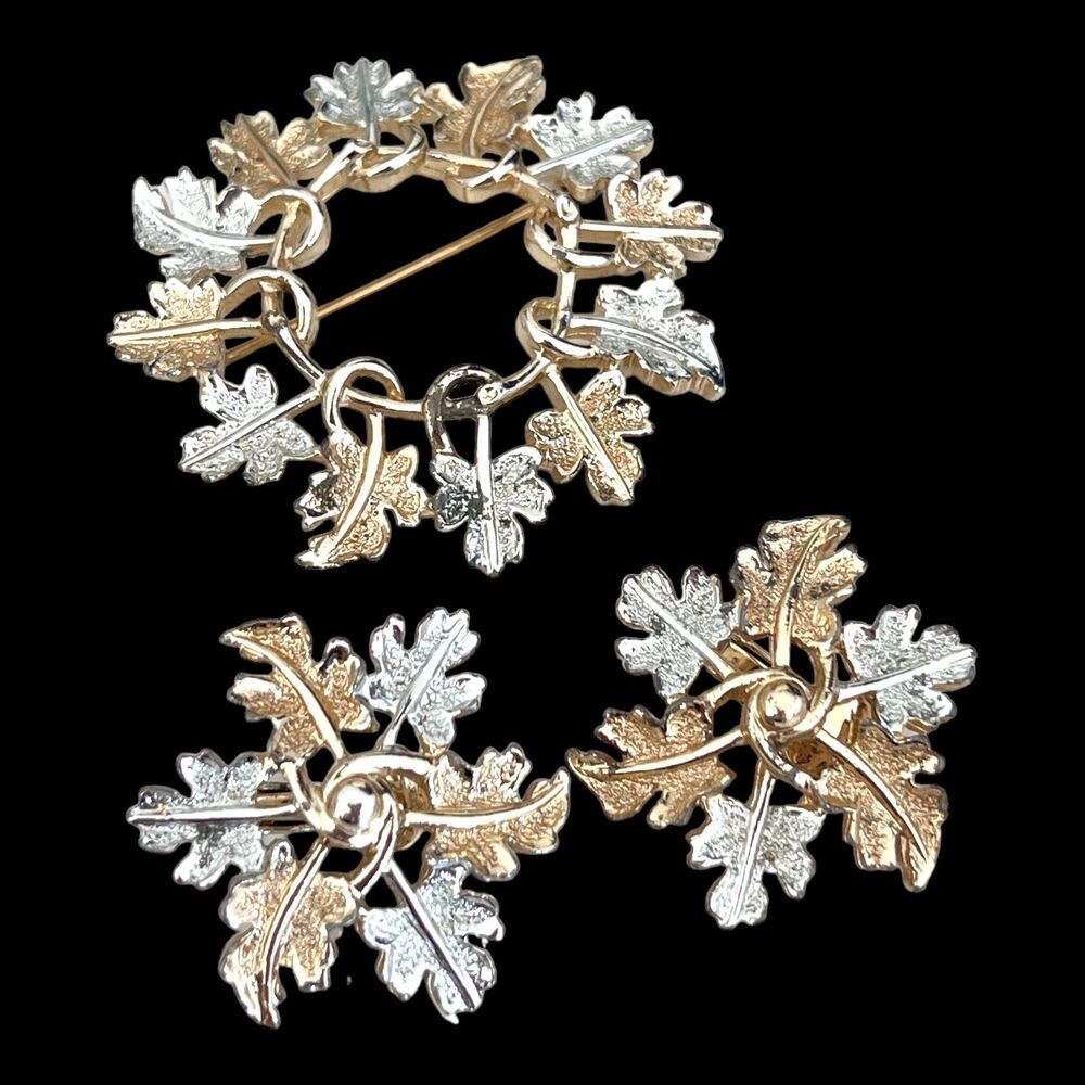 Vintage 1960s Sarah Coventry Leaf Wreath Brooch Earring Set Mid Century - 2C